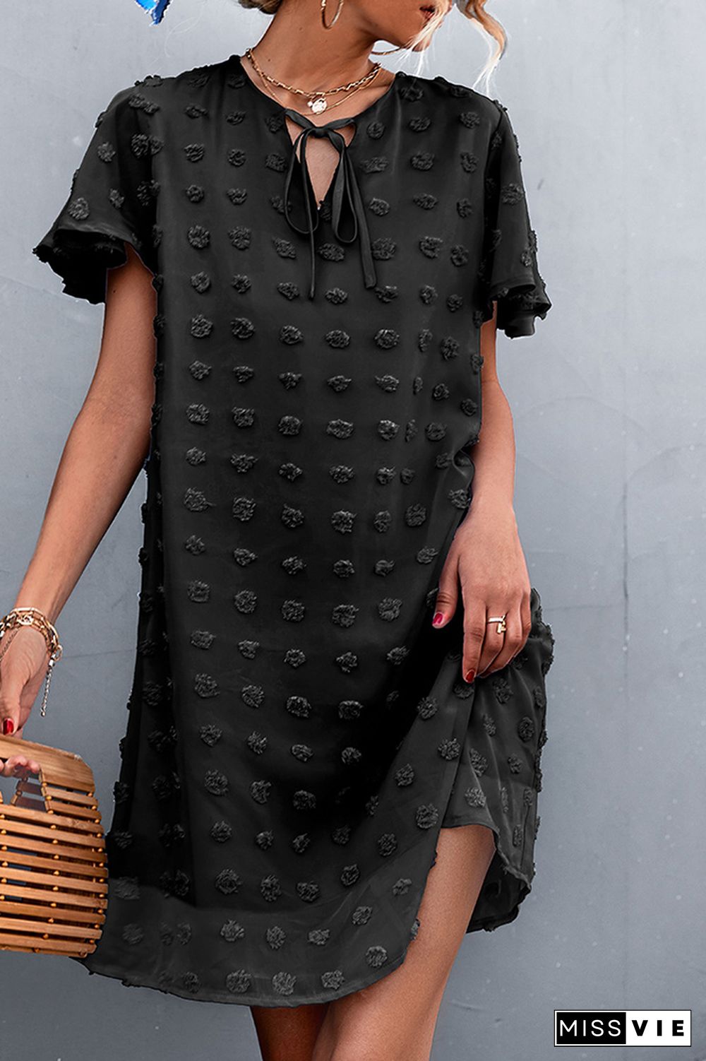 Jacquard Tie V-neck Short Sleeve Dress Wholesale