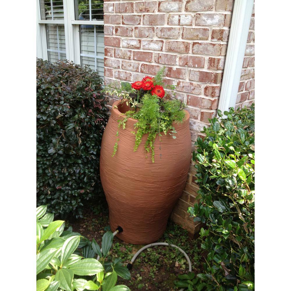 RESCUE 50 Gal. Terra Cotta Water Urn Flat-Back Rain Barrel with Integrated Planter and Diverter Kit 2232-1