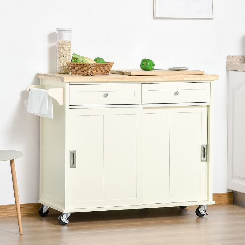 HOMCOM 43 Rolling Kitchen Island Kitchen Storage Cart on Wheels with Sliding Doors Cabinet 2 Drawers and Towel Rack Cream White