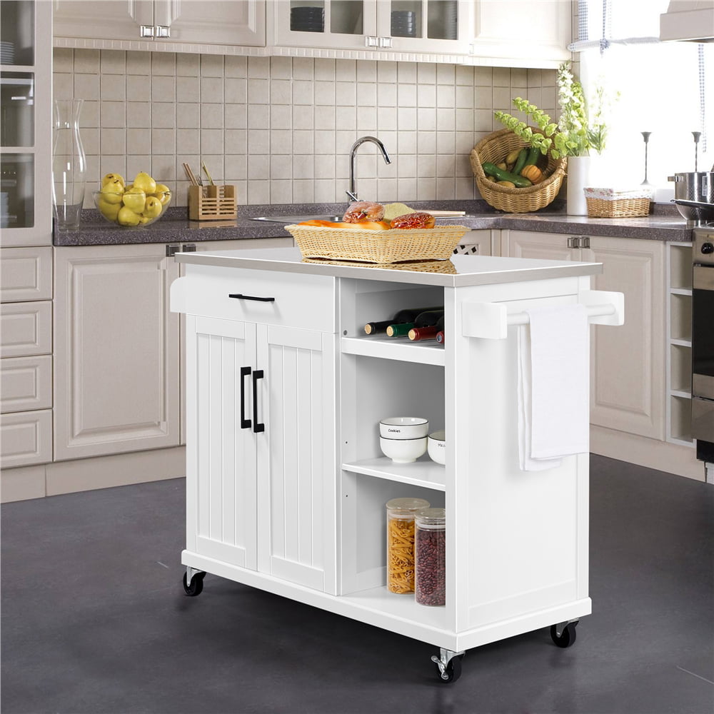 Yaheetech Kitchen Island Cart with Stainless Steel Top and Storage， Kitchen Island on Wheels with Drawer and Open Shelves，White