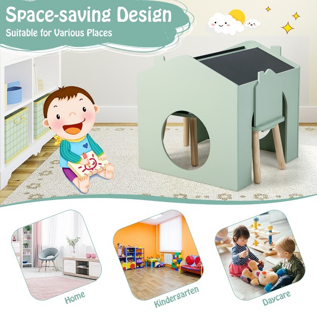 Onesstop 3 Piece Kids Wooden Table And Chair Set With Blackboard For Drawing Reading Green gray white