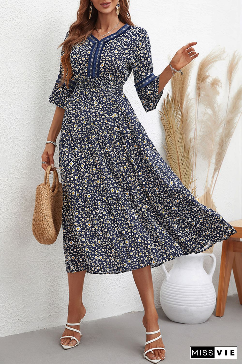 Half Sleeve Sunflower Print Patckwork Dress