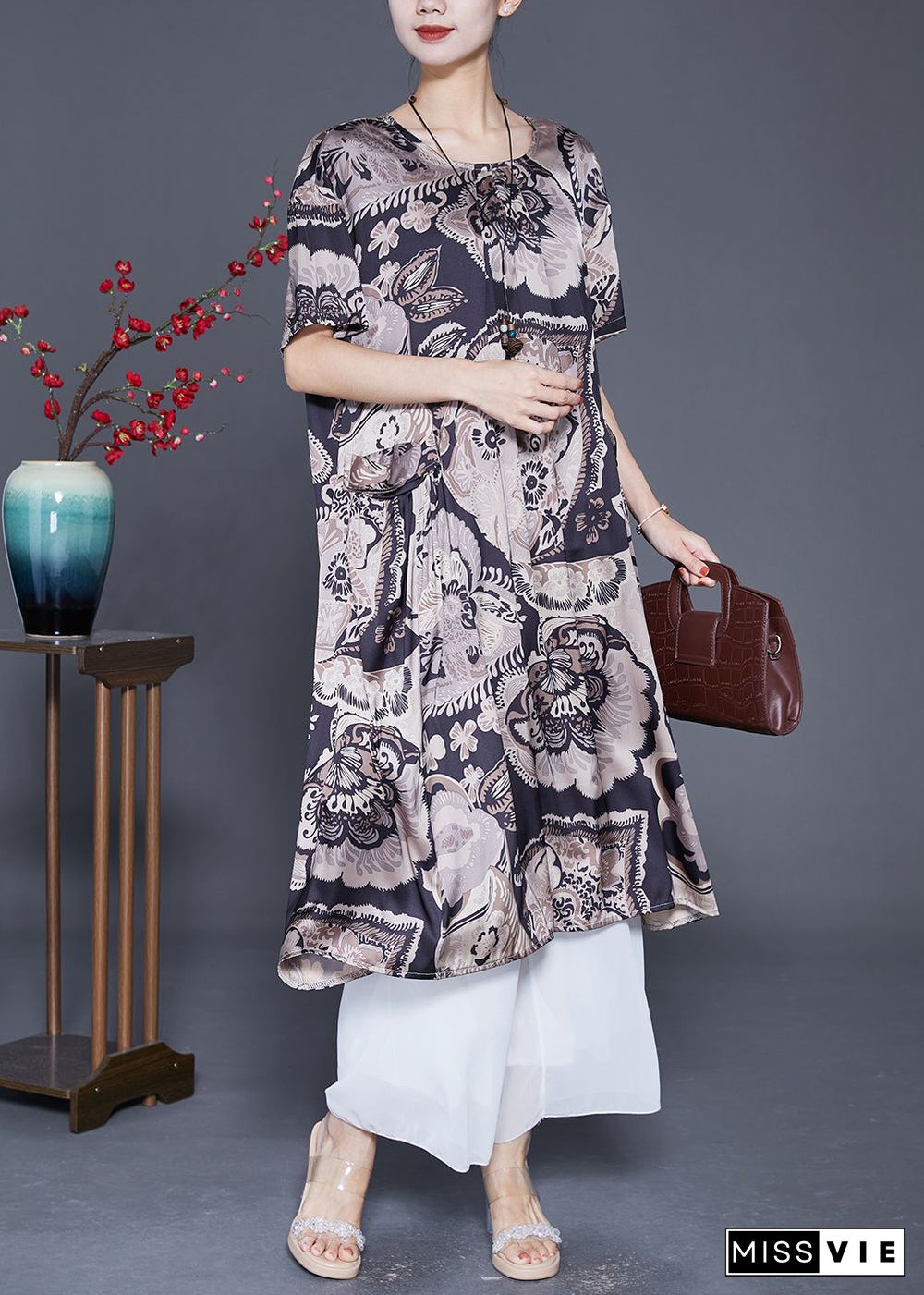 Beautiful Black Oversized Print Silk Maxi Dresses Summer