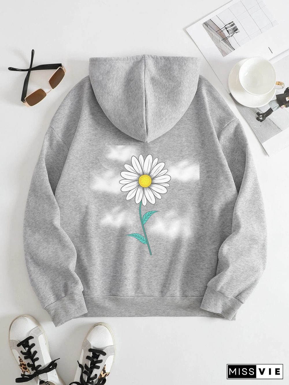 Printed on the Back Kangaroo Pocket Hoodie Long Sleeve for Women Pattern Flower