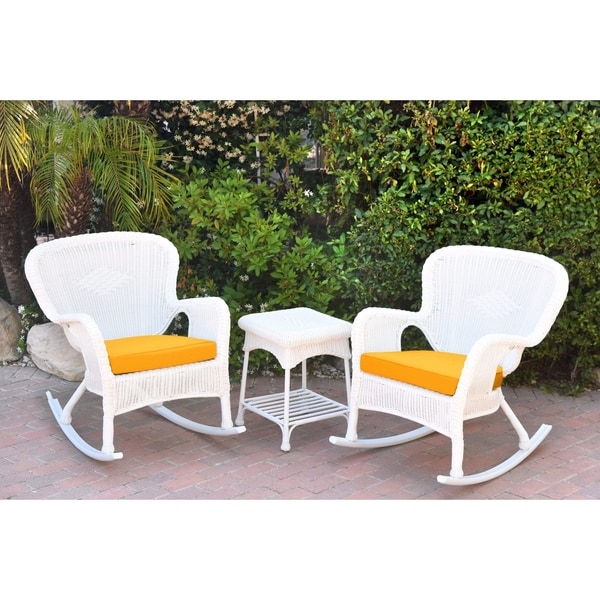 Windsor White Wicker Rocker Chair And End Table Set with Chair Cushion