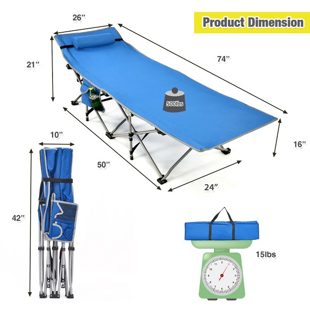 Folding Camping Cot Heavy duty Outdoor Cot Bed W Side Storage Pocket Green blue