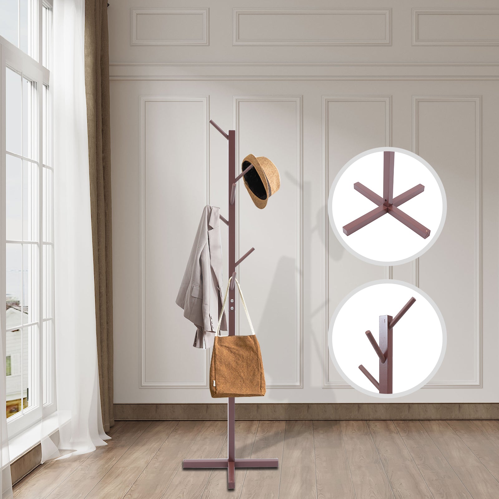 Loyalheartdy Freestanding Coat Rack， Brown Tree Shape Jacket Stand with 8 Hooks for Entryway， Bedroom (Brown)