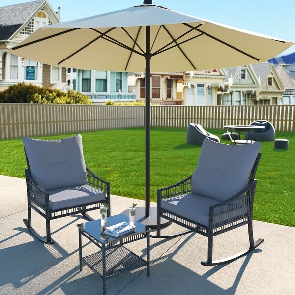 VEIKOUS 3Piece Outdoor Wicker Patio Porch Rocking Chair and Rattan Coffee Table Set with Cushions and Pillows