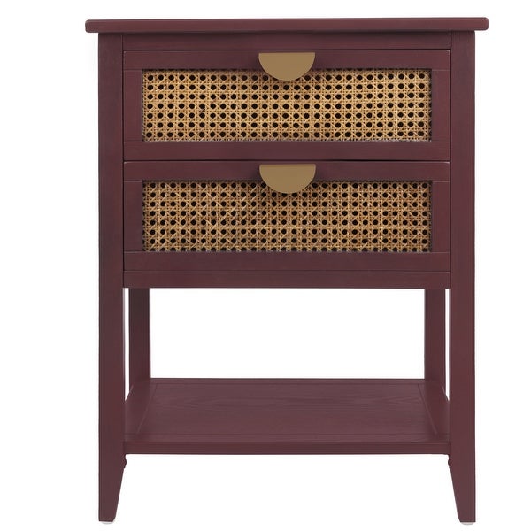 Wooden End Table with 2 Drawers Made Of Rattan