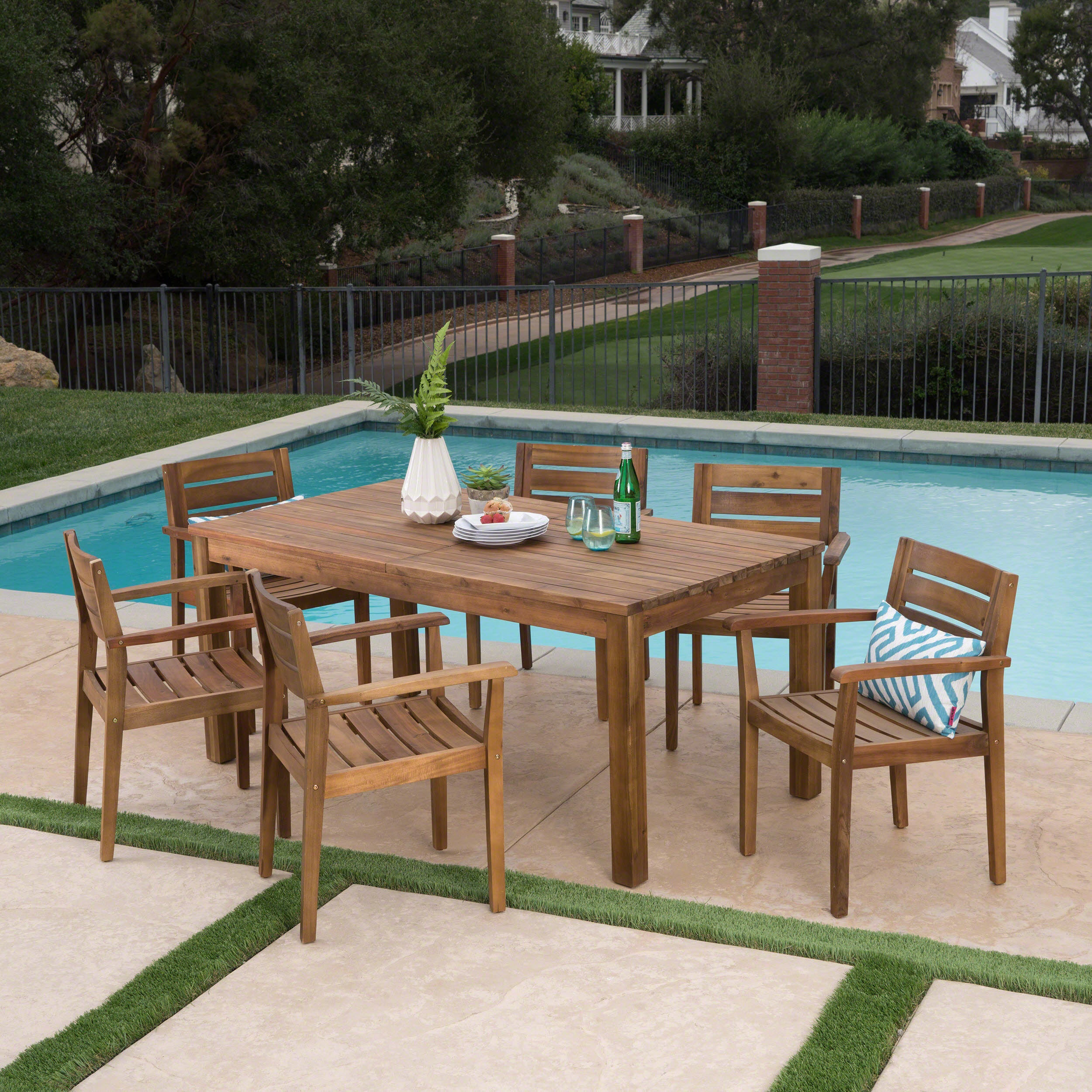 Sakura Outdoor 7 Piece Acacia Wood Dining Set with Expandable Dining Table