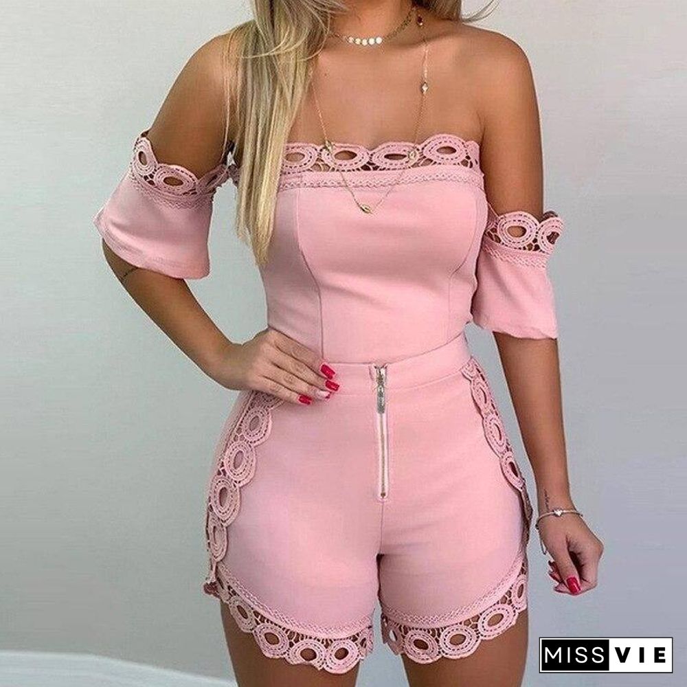 Summer Sexy Nightclub Set Women Lace Tracksuit Set Ladies Off Shoulder 2 Piece Set Women Tight Short Pant Suit Female 3XL