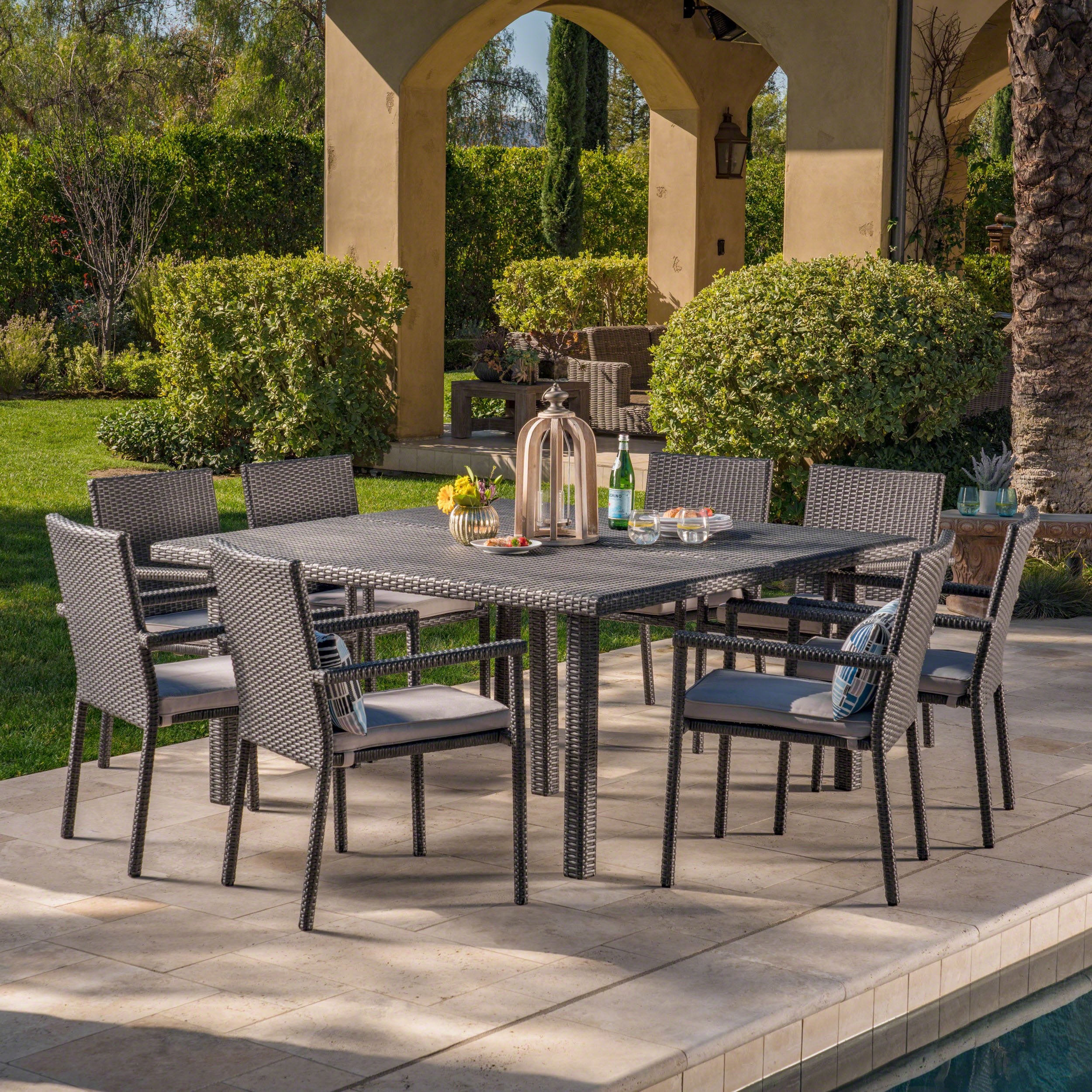 Aden Outdoor 9 Piece Wicker Dining Set with Water Resistant Cushions