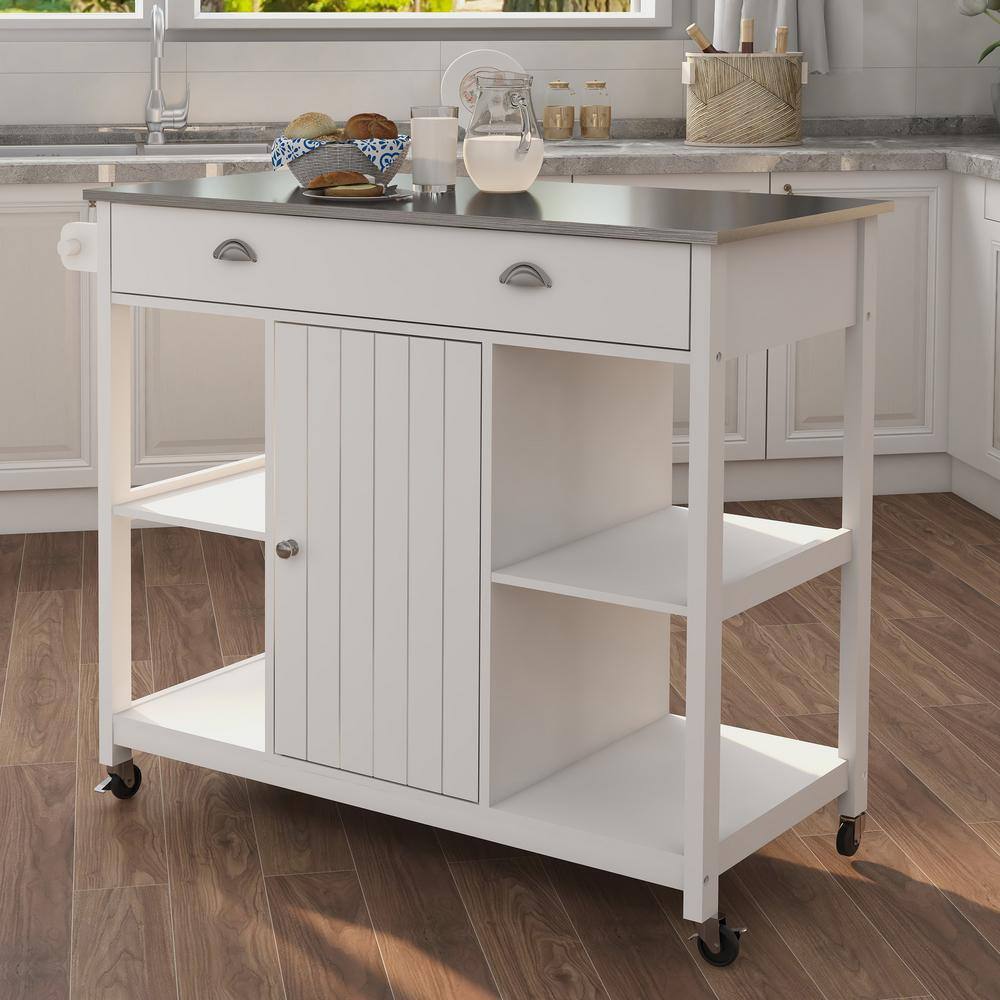 Tatayosi White MDF Wood 31.50 in. Kitchen Island with Double Glass-Paneled Doors and Handle J-H-W28228062