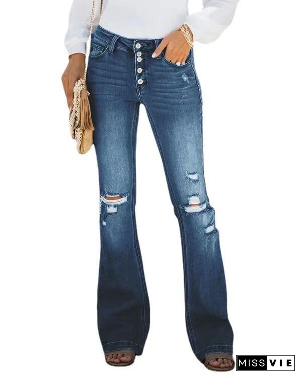 Fashion Hole Slim Flared Jeans