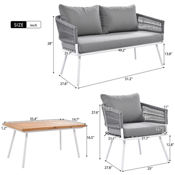 4Piece Patio Furniture Set，Outdoor Furniture with Acacia Wood Table，Patio Conversation Set with Deep Seating and Thick Cushion