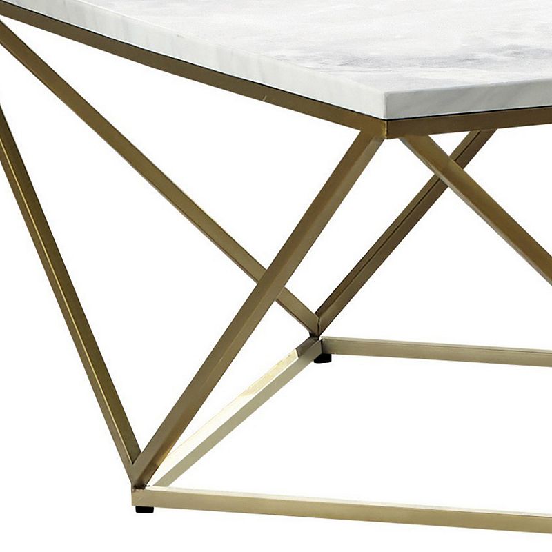 36 Inch Modern Square Coffee Table， White Faux Marble Top， Slender Gold Base