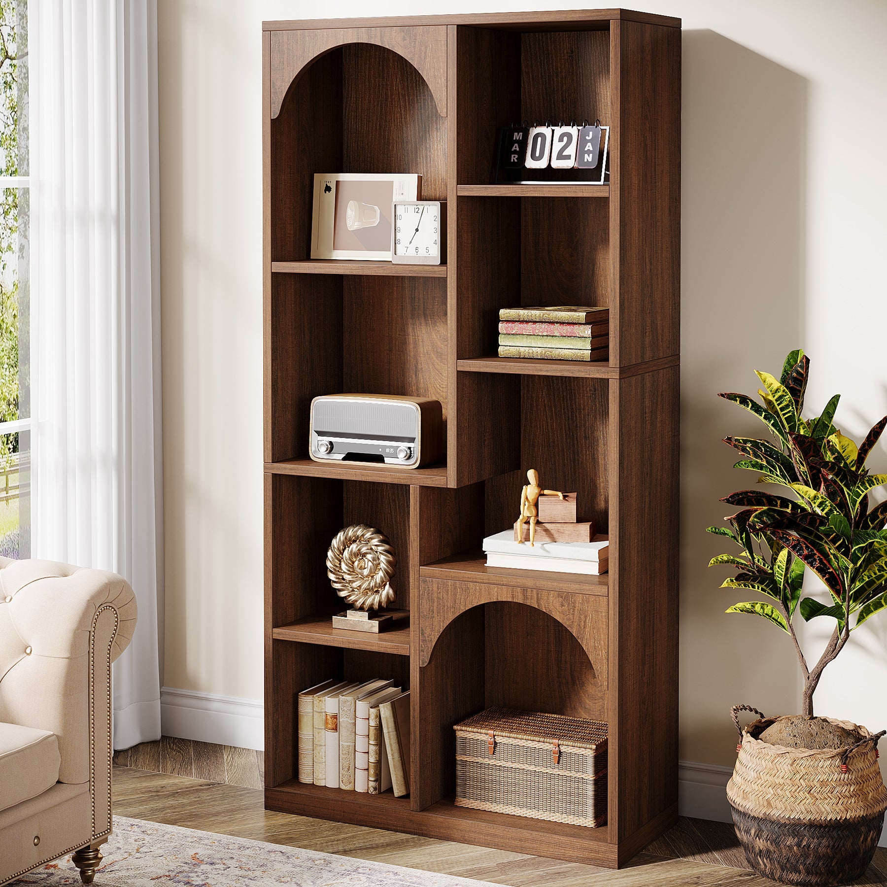 70 Bookshelf, 7-Tier Farmhouse Bookcase Arched Etagere