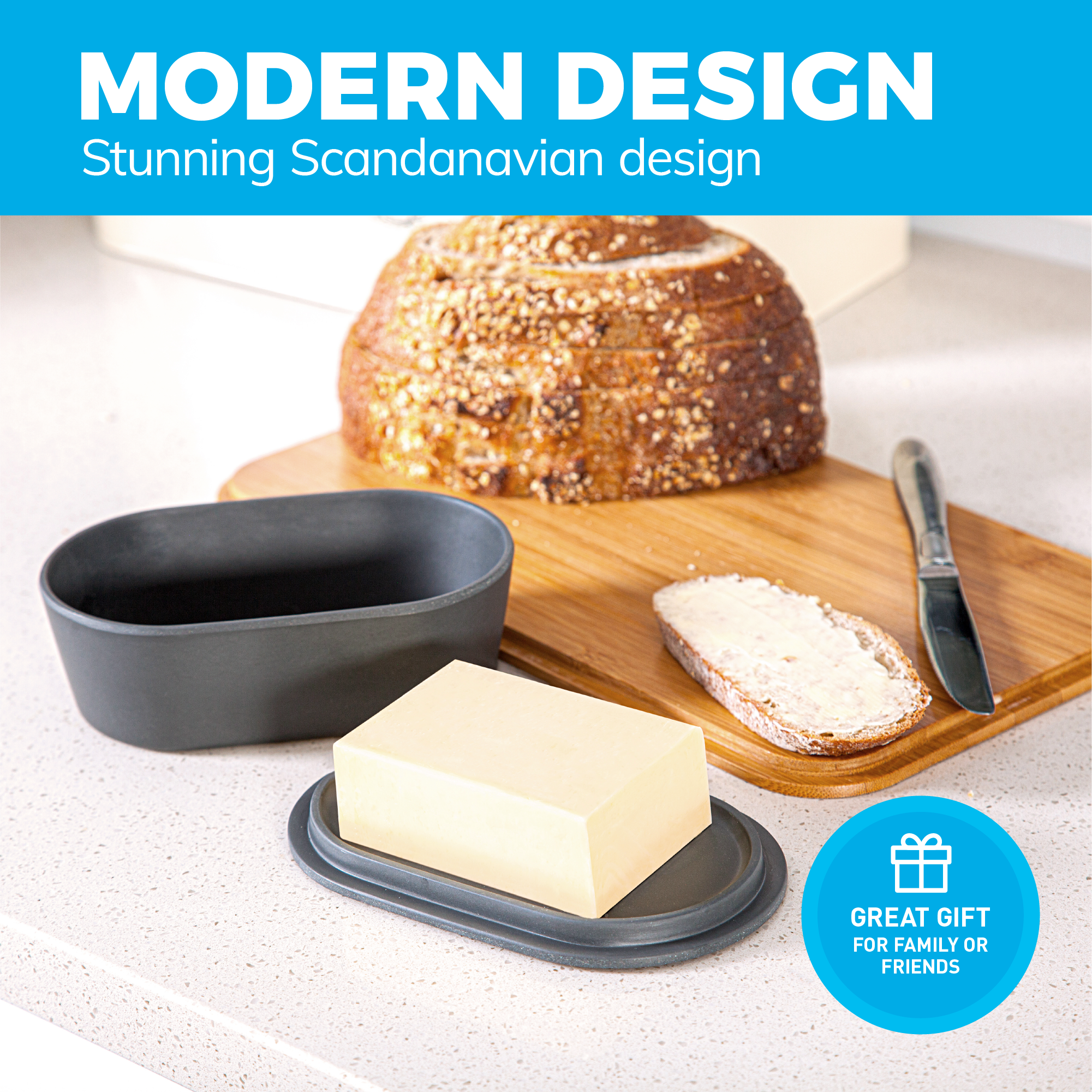 Modern Bamboo Dark Grey Butter Dish with Lid - Dishwasher Safe - Perfectly Sized For Large European Style Butters