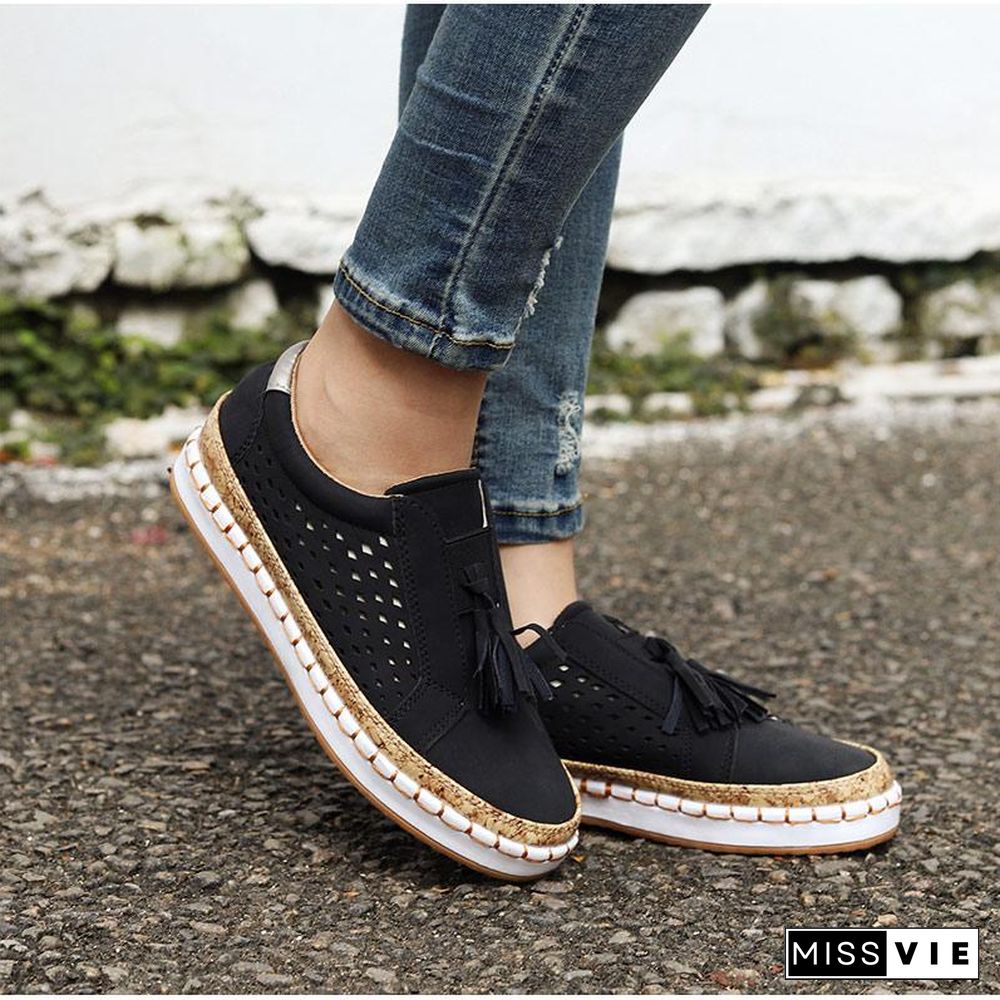 Women Slip On Hollow Out Flats Ladies Breathable Loafers Casual Platform Vulcanized Sewing Sneakers Shoes