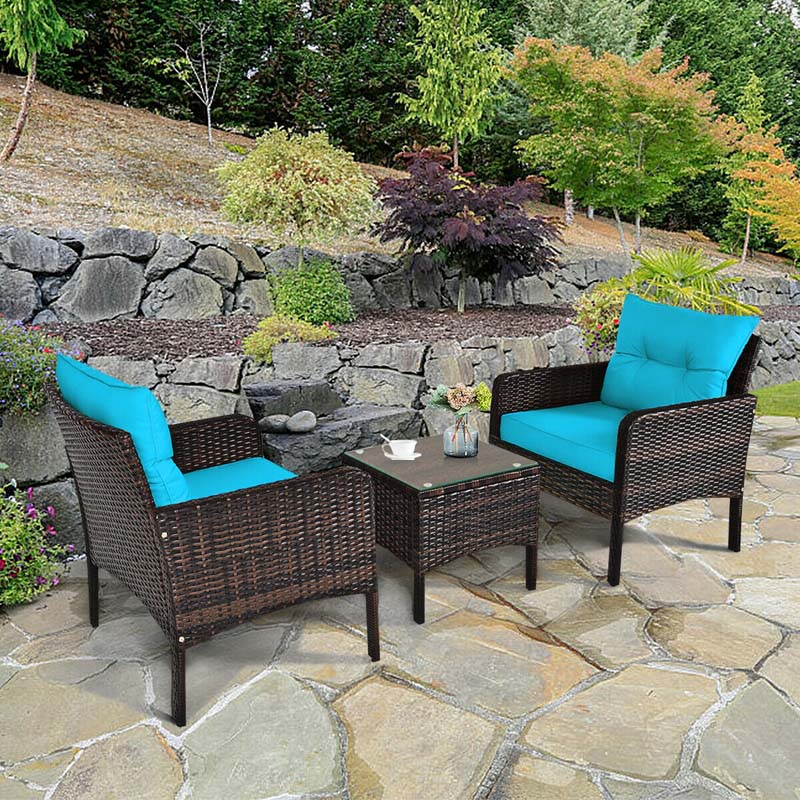 3 Pcs Rattan Wicker Outdoor Bistro Set with Coffee Table & Chairs, All-Weather Patio Conversation Sets