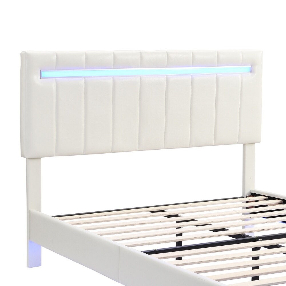 Floating Bed Frame w/ LED Lights Headboard Unique PU Upholstered Platform LED Bed Frame w/ USB Power Strips No Box Spring Needed