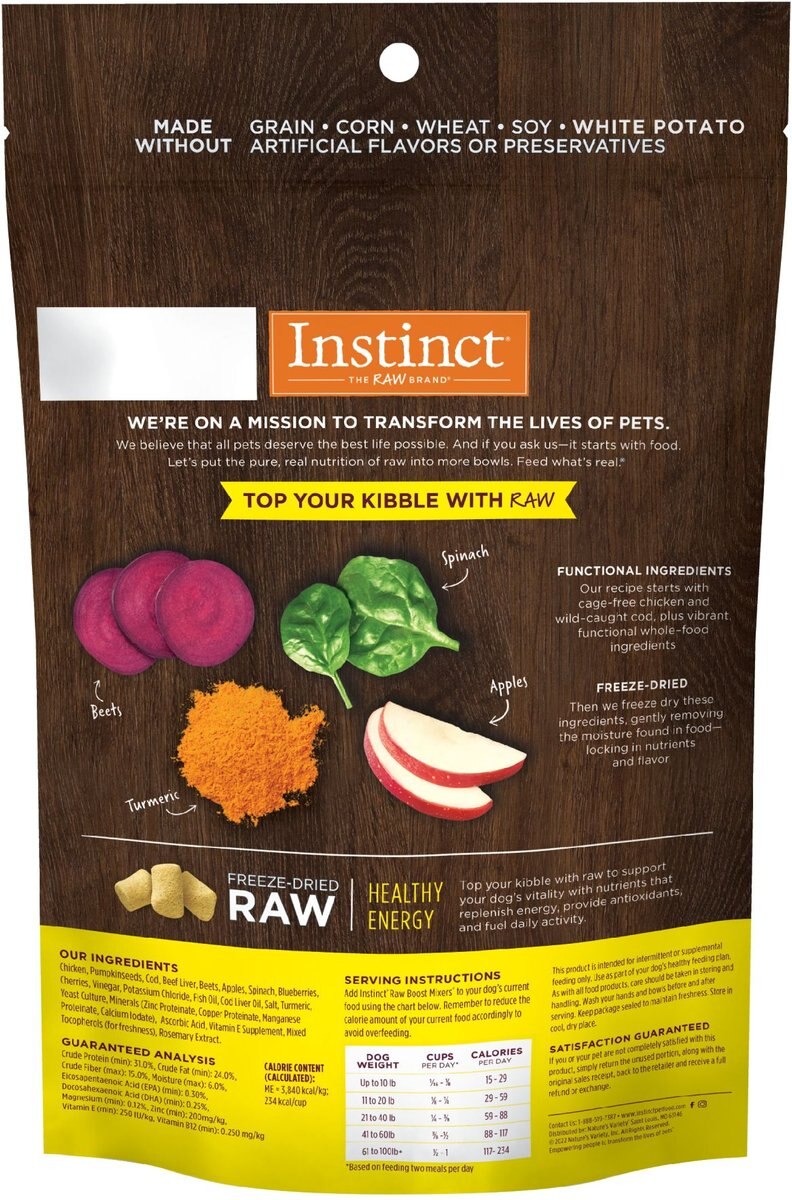 Instinct Boost Mixers Healthy Energy Grain-Free Freeze-Dried Raw Dog Food Topper， 5.5-oz bag