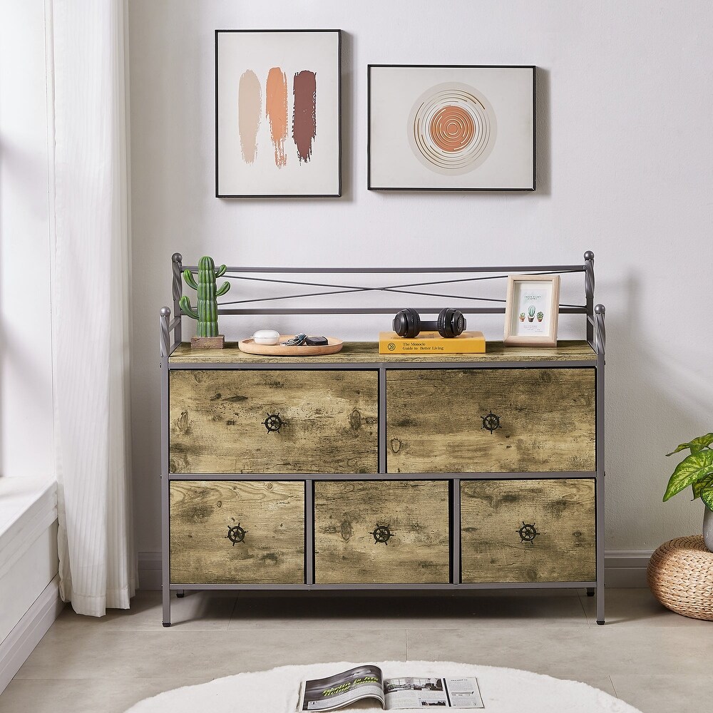 Wooden Dresser w/ 5 Drawers Furniture Storage Chest for Bedroom  Living Room