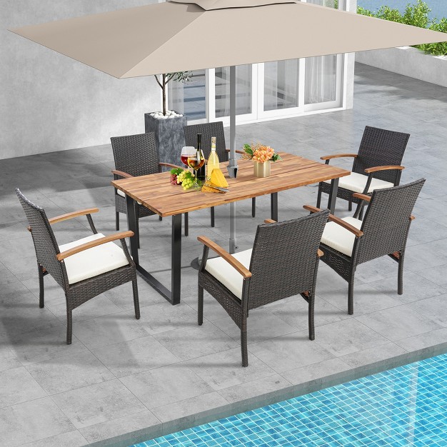 Costway 7 Pcs Patio Rattan Dining Set Acacia Wood Table 6 Wicker Chairs With Umbrella Hole