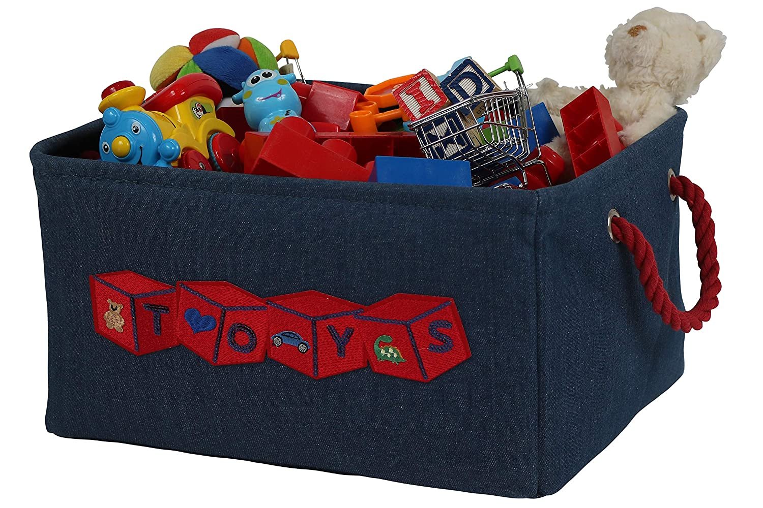 Toy Storage Basket Bin for Organizing Baby, Kids, Dog Toys, Children Books. Denim Canvas Box Organizer w/Attractive Red Patch for Playroom, Nursery