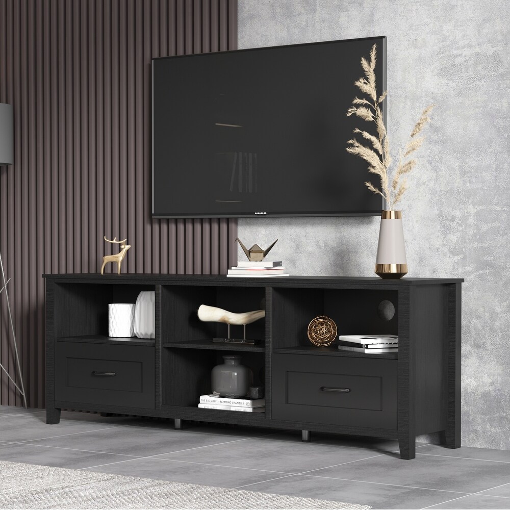 70.08 Inch Black TV Stand with 2 Drawers and 4 High Capacity Storage Compartment.