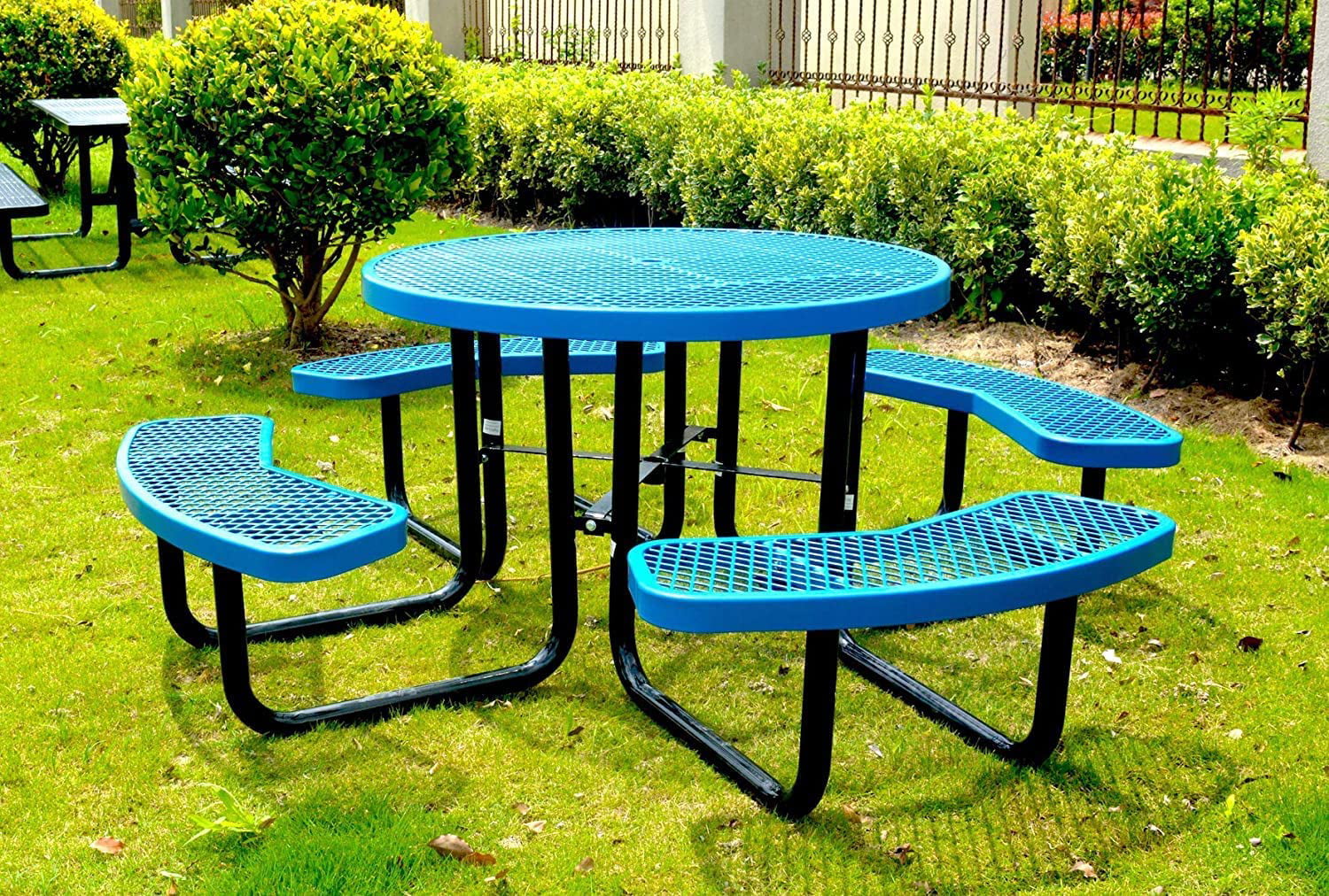 46 inch Expanded Metal Round Picnic Table with Attached Benches for 4-6 People