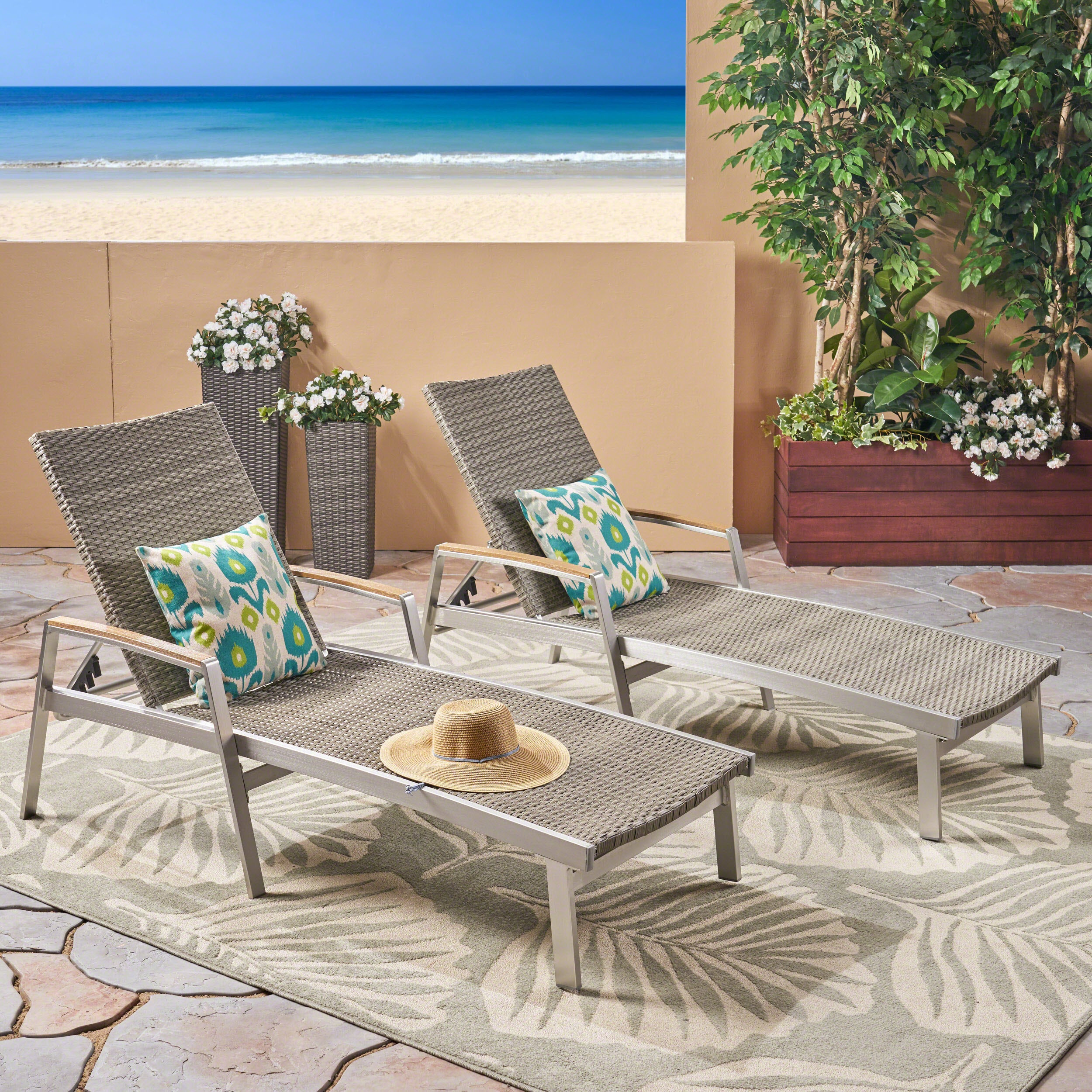 Joy Outdoor Wicker and Aluminum Chaise Lounge, Gray Finish