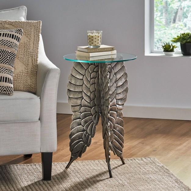 Joni Boho Glam Handcrafted Aluminum Fairy Wing Accent Table With Glass Top Antique Nickel Christopher Knight Home