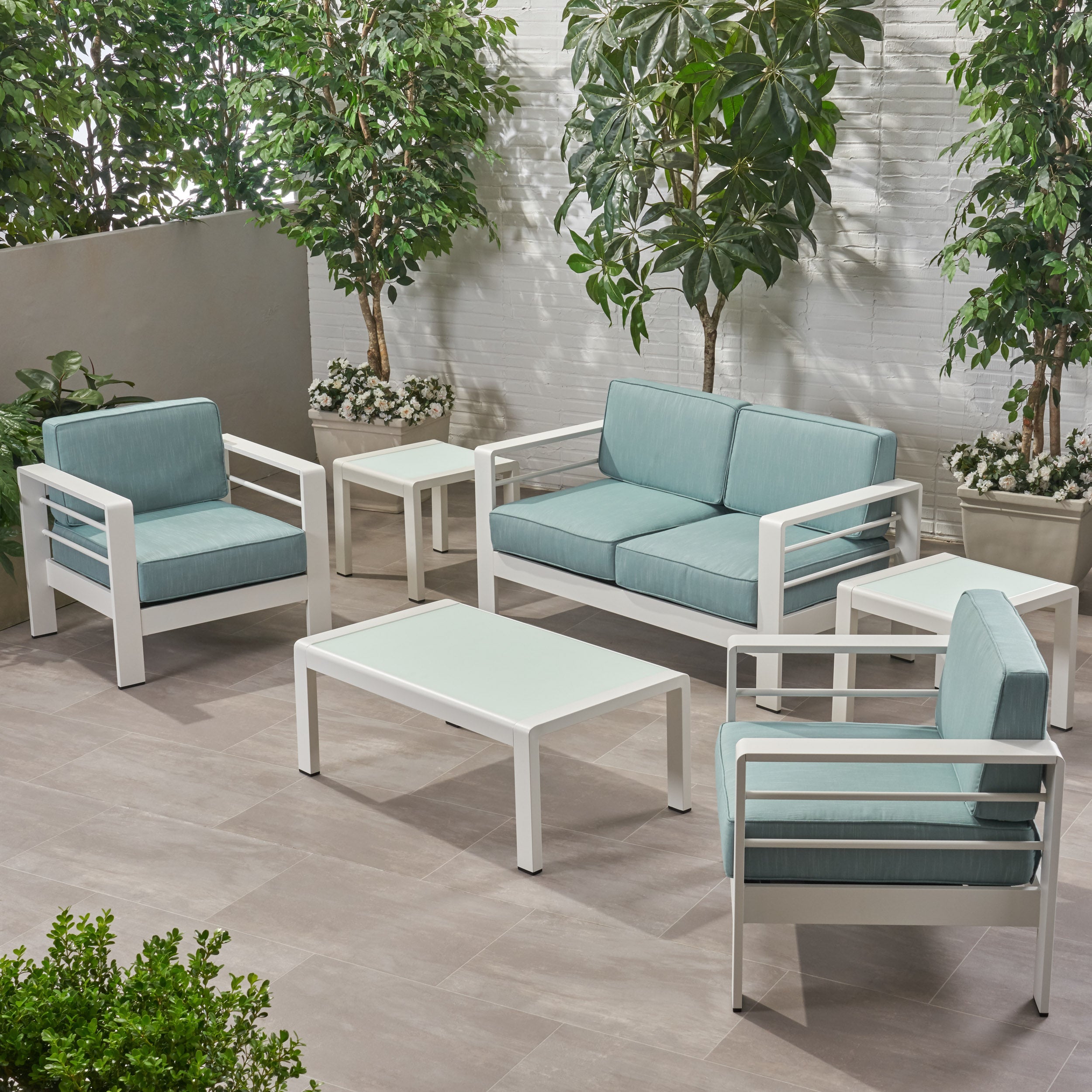 Snowy Coral Outdoor 4 Seater Aluminum Chat Set with 2 Side Table