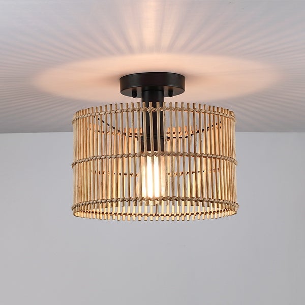 True Fine Eclectic Natural Rattan and Bamboo Semi Flush Mount Ceiling Light with Black Hardware - 11.8W