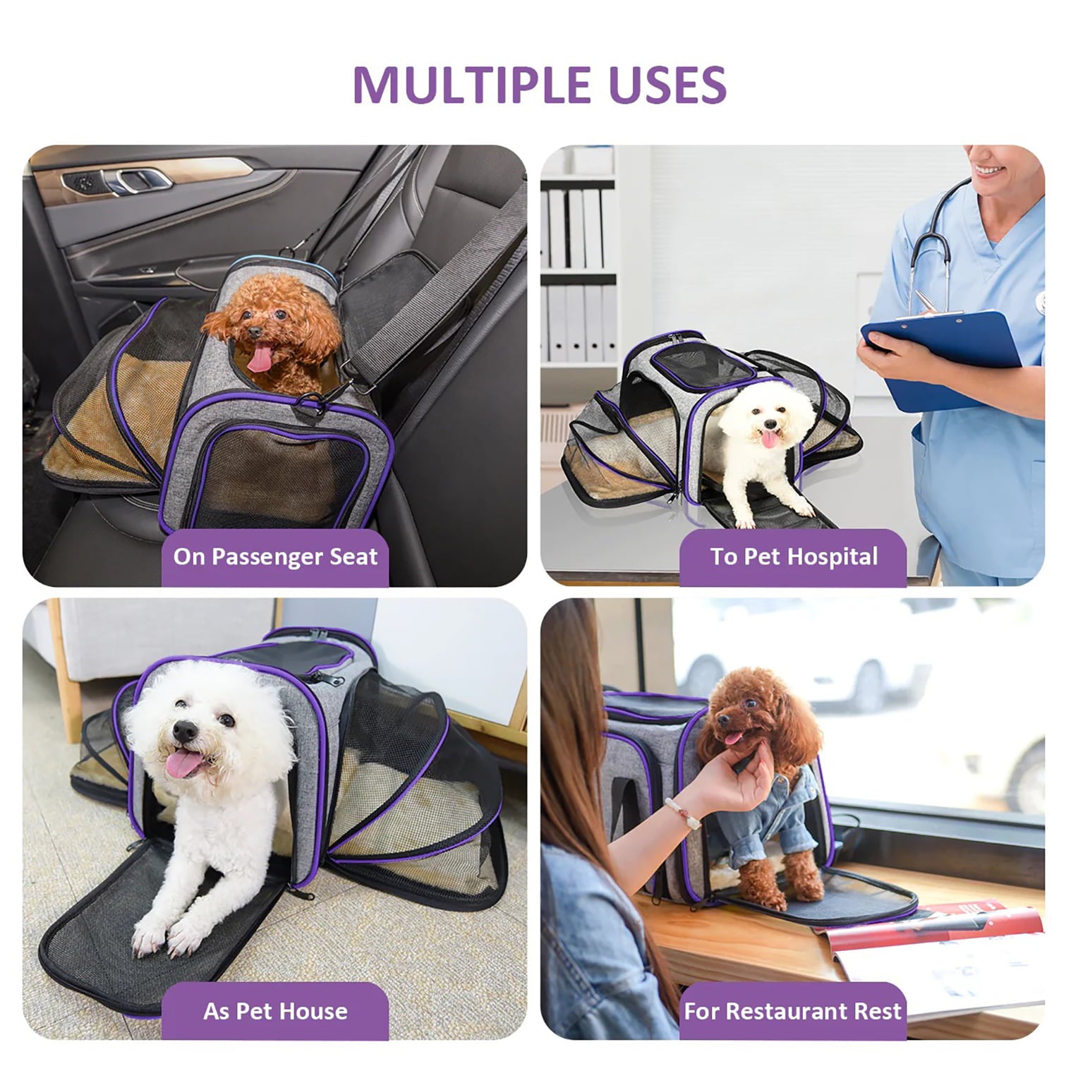 Semiocthome Expandable Foldable Pet Carrier Bag， Airline Approved，Purple