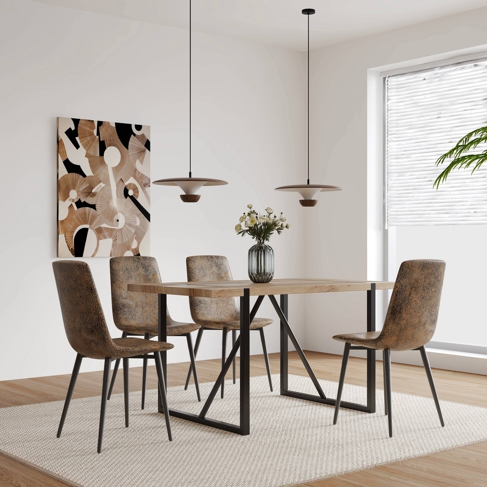 Modern 5 Piece Dining Table Sets with Rectangular Dining Table and Linen Upholstered Dining Chairs  for Living Room