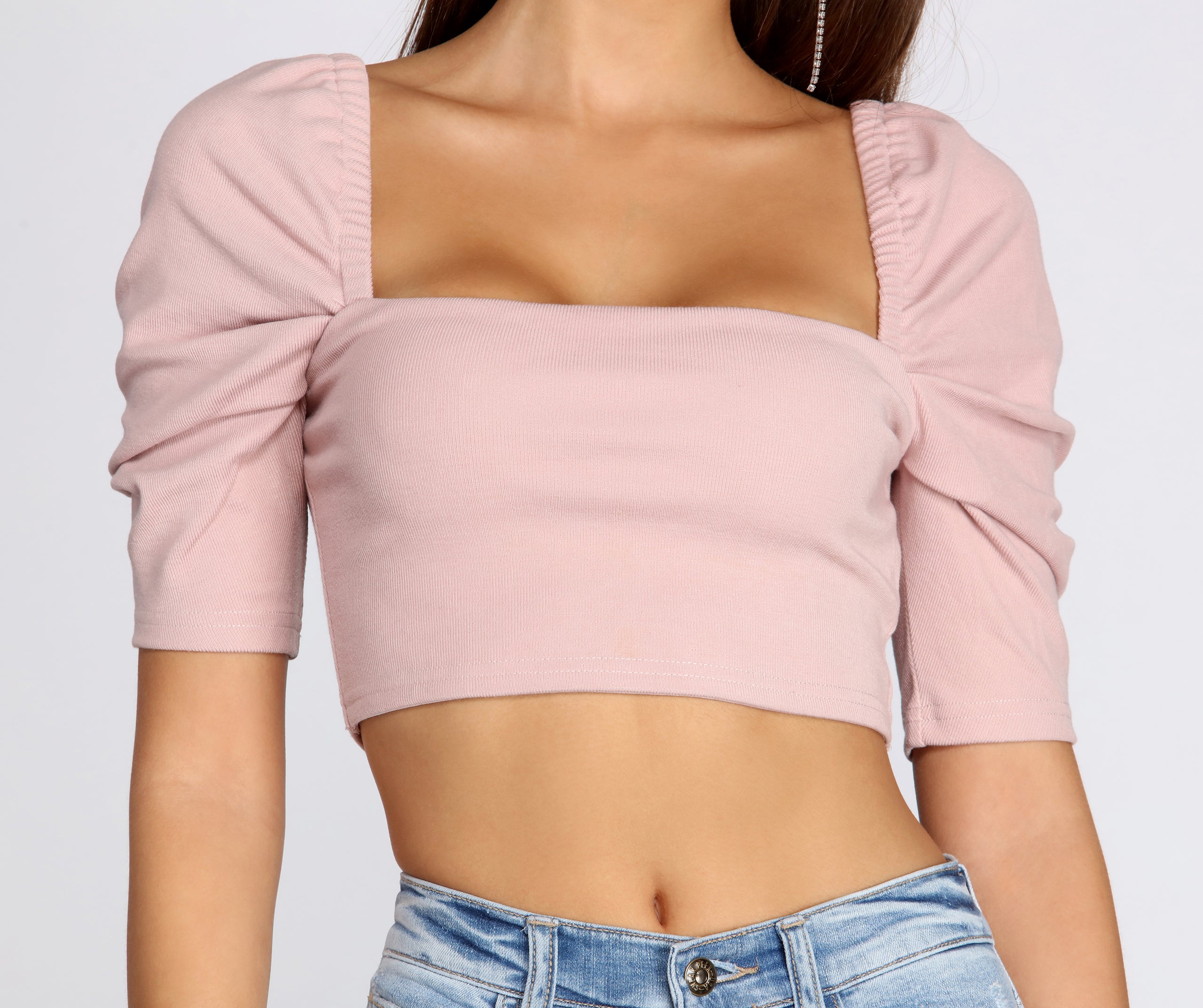 Ribbed Knit Puff Sleeve Crop Top