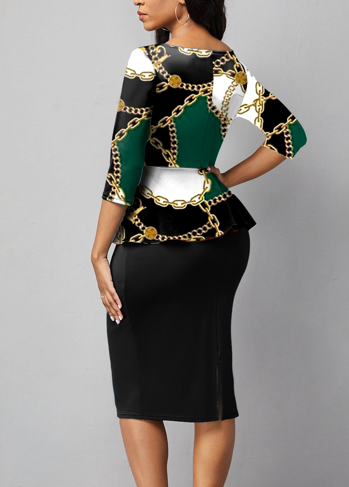 Chain Print Ruffle Black Midi Dress