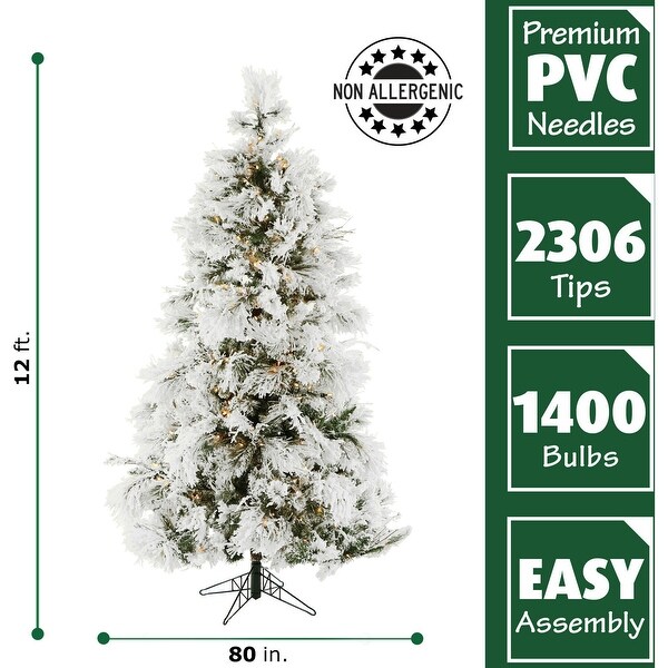 Fraser Hill Farm 12foot Flocked Snowy Pine Christmas Tree with Smart String Lighting