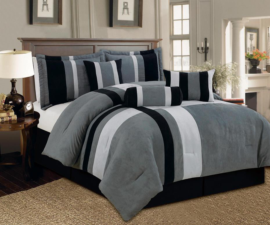 Aberdeen Queen Size 7-Piece Luxurious Comforter Set Micro Suede Soft Bed in a Bag Patchwork Black Gray and White