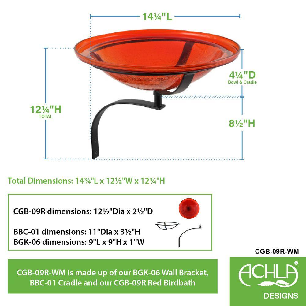 Achla Designs 12.5 in. Dia Red Reflective Crackle Glass Birdbath Bowl with Wall Mount Bracket CGB-09R-WM