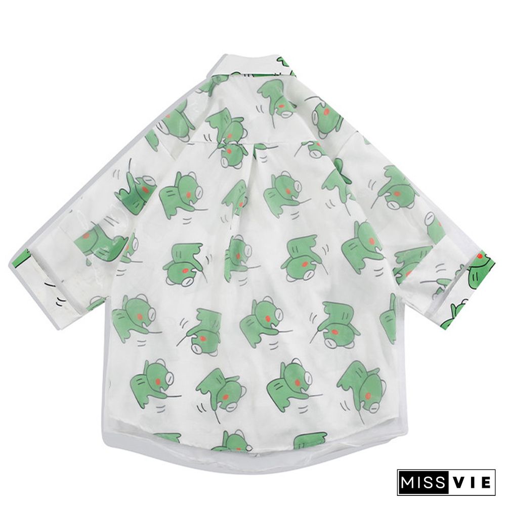 Vintage Cartoon Frog Print Loose Mesh T-Shirt