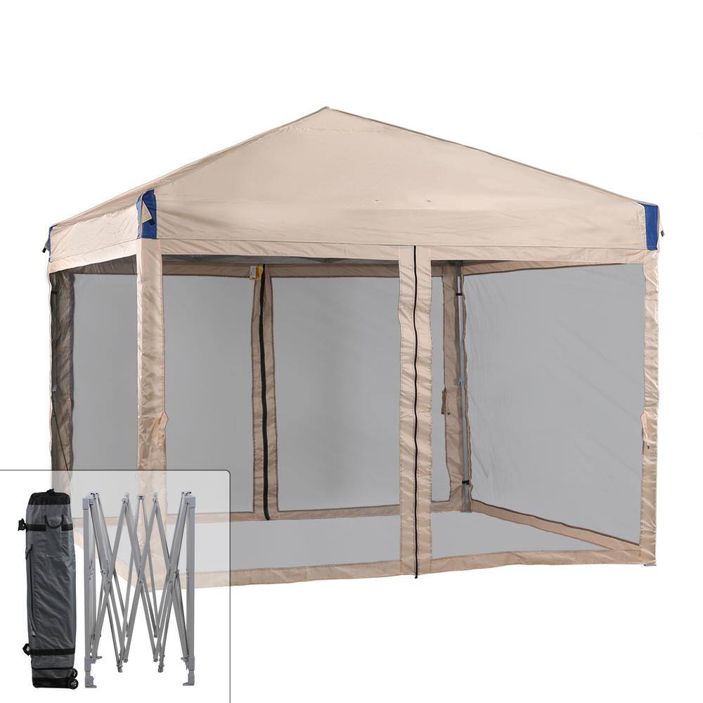 Aoodor 10 ft. x 10 ft. Pop Up Canopy Tent with Removable Mesh Sidewallwith Roller Bag-Brown 800-152-BR-N