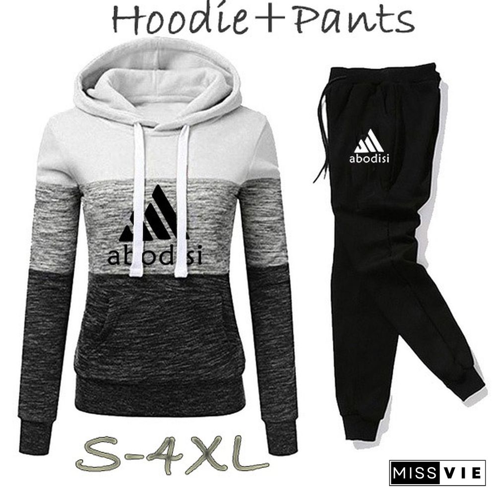 New Arrival Women Hoodie Set Sportwear Suit Casual Jacket Sweatshirt + Pants 2 Pcs Set Splice Tracksuit Suit