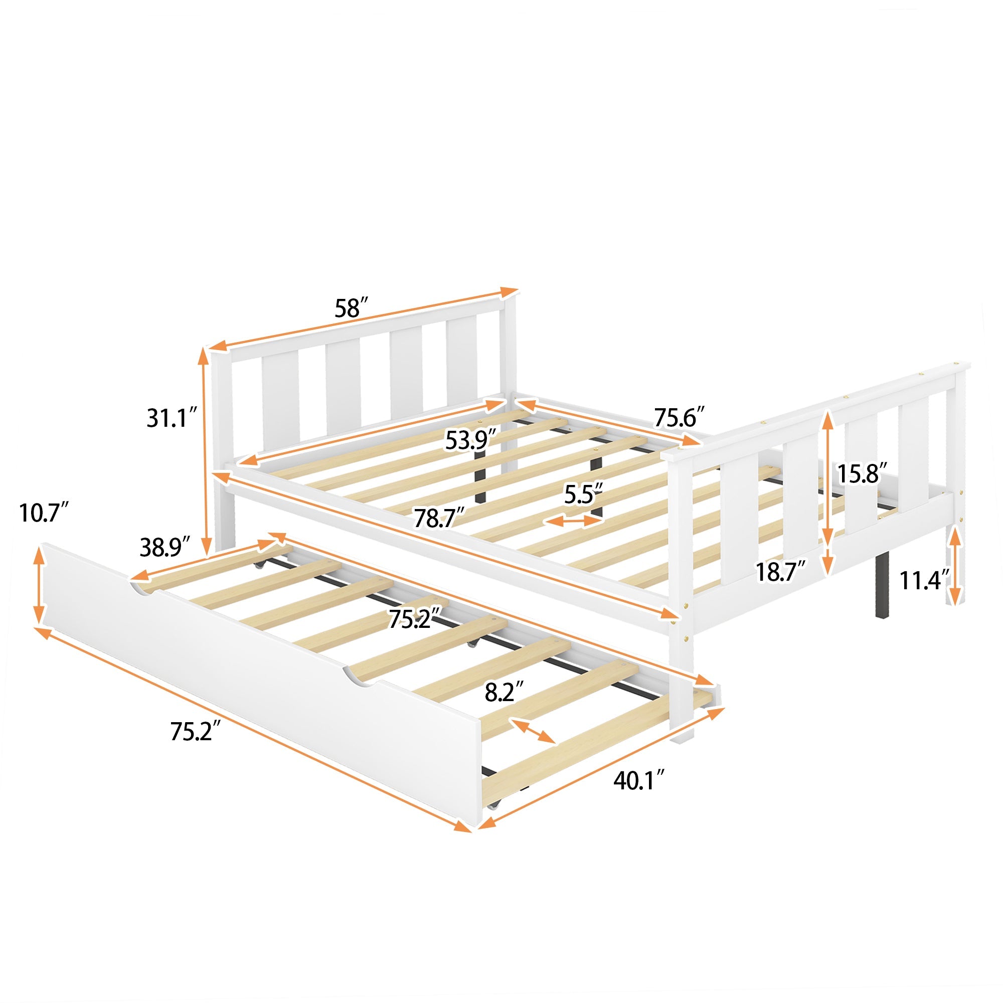 BTMWAY Full Bed with Trundle, Modern Full Size Solid Wood Platform Bed Frame with Headboard, Footboard and Trundle Included, No Box Spring Needed, Trundle Bed for Kids Teens Adults, White