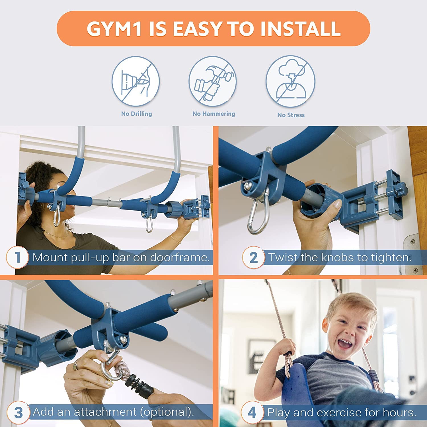 Gym1 - Deluxe Indoor Doorway Gym for Kids Playground Set - All in One Gym Set - Four Ways of Fun: Blue Indoor Swing， Plastic Rings， Climbing Ladder， and Pull Up Bar