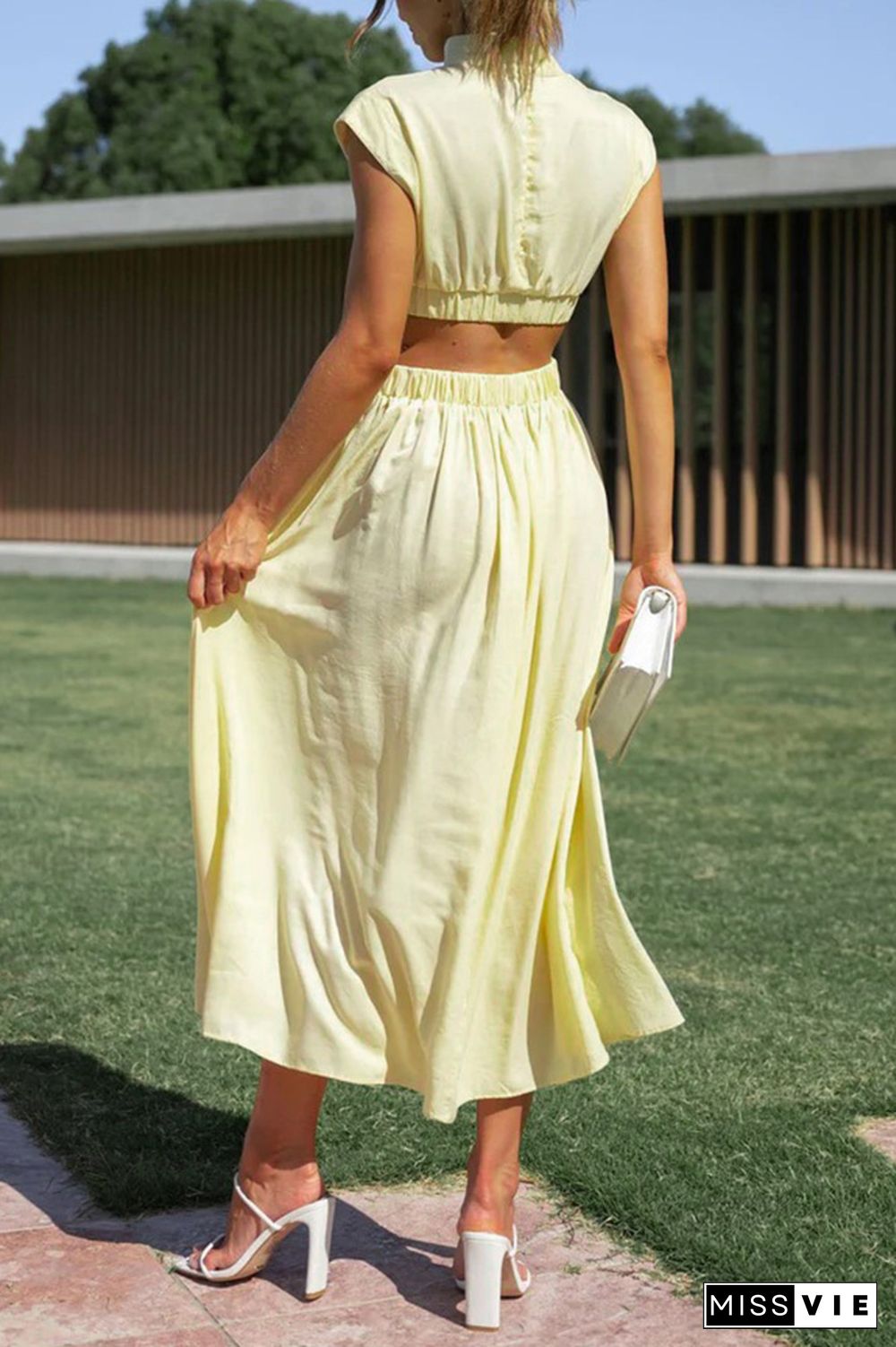 Plain Frilled High Collar Cut Out Waist Maxi Dress