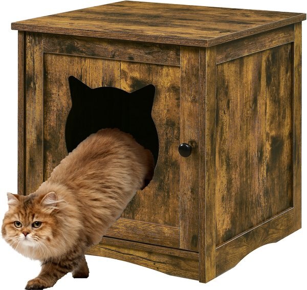 Sweet Barks Enclosed House Side Table Cat Litter Box， Rustic Brown