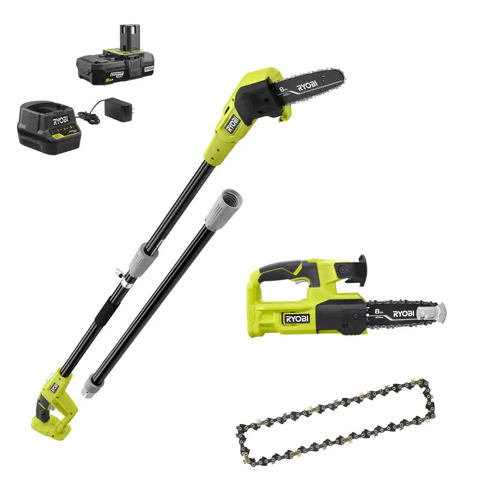 RYOBI P20310-AC ONE+ 18V 8 in. Cordless Battery Pole Saw and 8 in. Pruning Saw Combo Kit with Extra Chain， 2.0 Ah Battery， and Charger